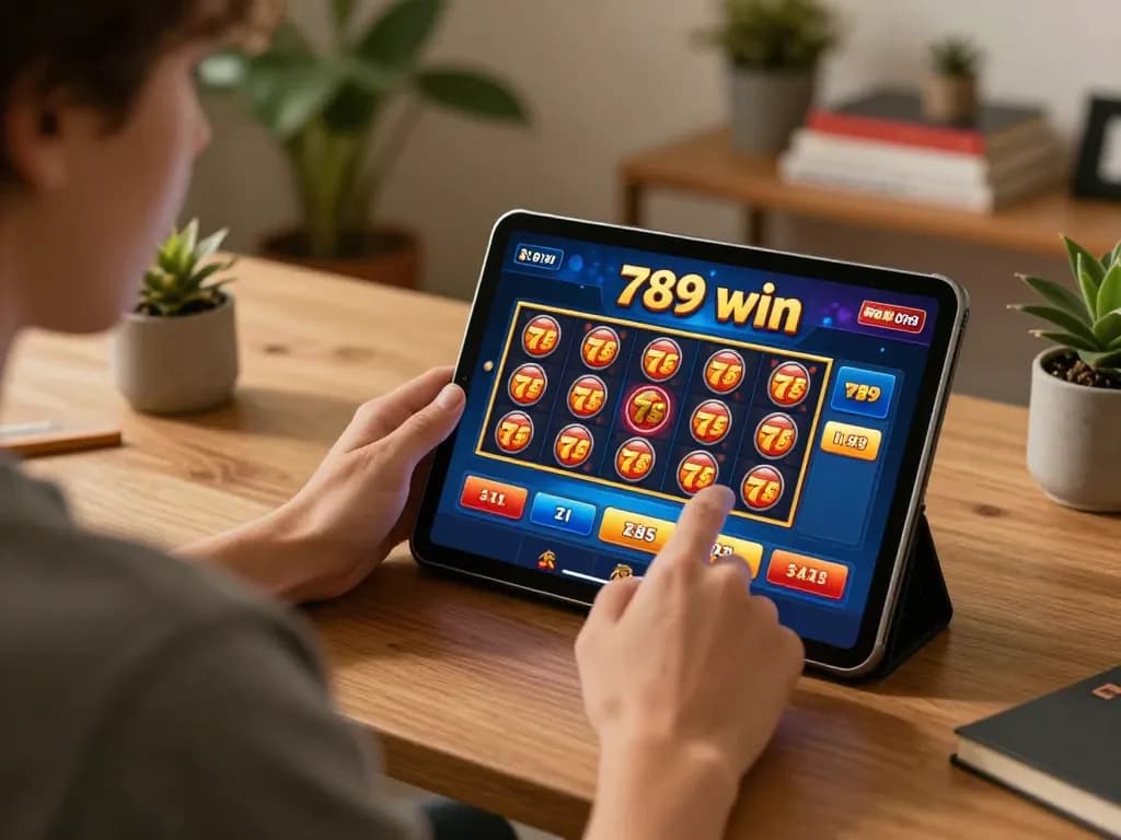 Engaging with the 789 win online casino while relaxing at home, showcasing gameplay on a tablet.
