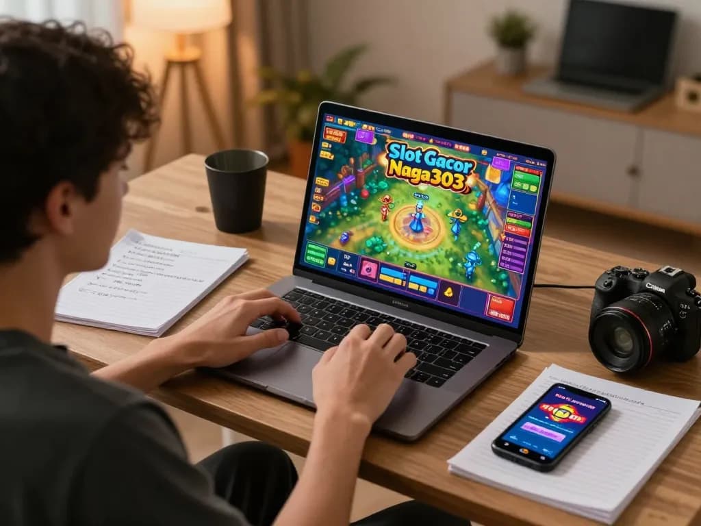 Engaging in Slot Gacor Naga303 gameplay in a cozy home setup, highlighting excitement and strategy.