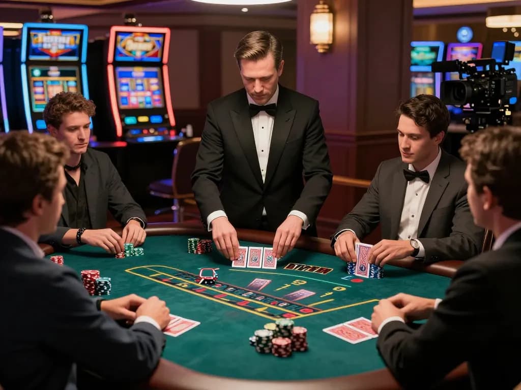 VT88 players strategizing at a blackjack table, capturing casino excitement and strategic gameplay