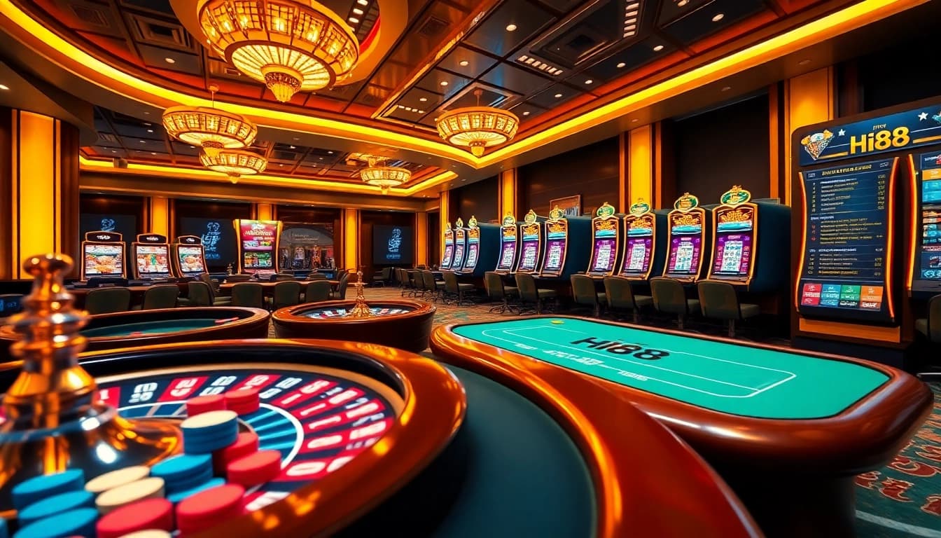 Experience the thrill of Hi88 online gambling with vibrant casino visuals featuring poker tables and slot machines.