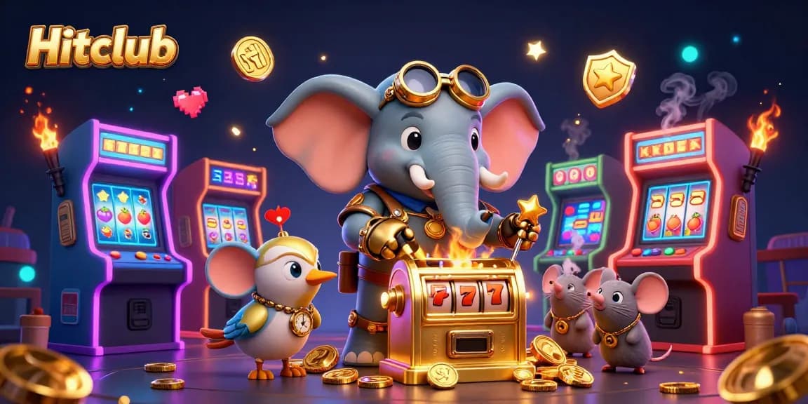 Hitclub offers a vibrant, animated scene of a steampunk elephant engineer playing a golden slot machine, enhancing the casino experience.