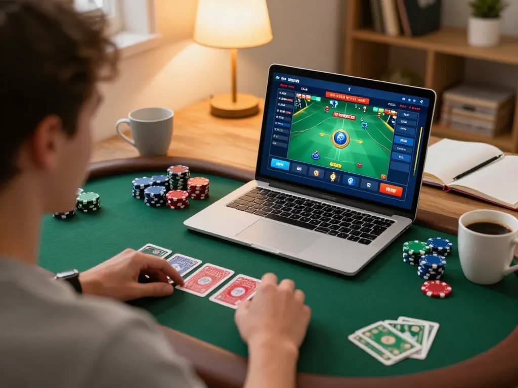 AW8 player engaged in online poker with cozy home setting and strategic planning elements