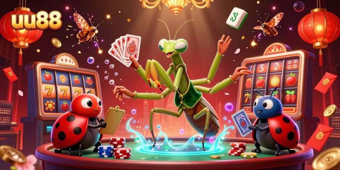 Experience uu88's vibrant casino scene with a giant praying mantis card sharp and dynamic game elements.