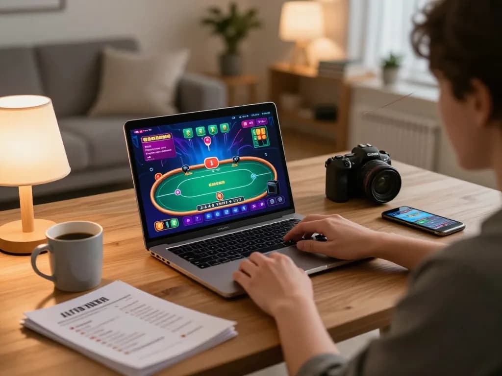 Engaging in responsible online gambling on vin88 with a poker game displayed on laptop