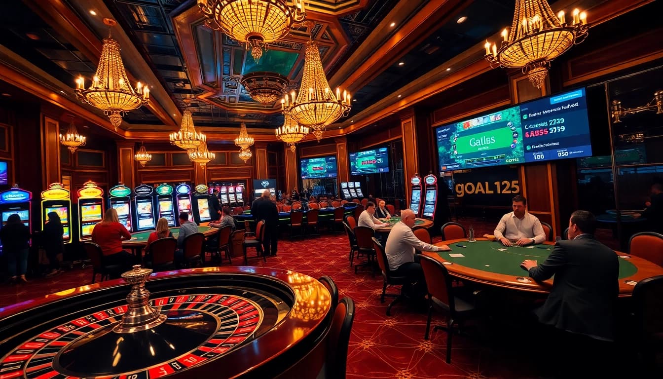 Players enjoying high-stakes games at https://goal123.work/ casino, with vibrant tables and professional dealers.
