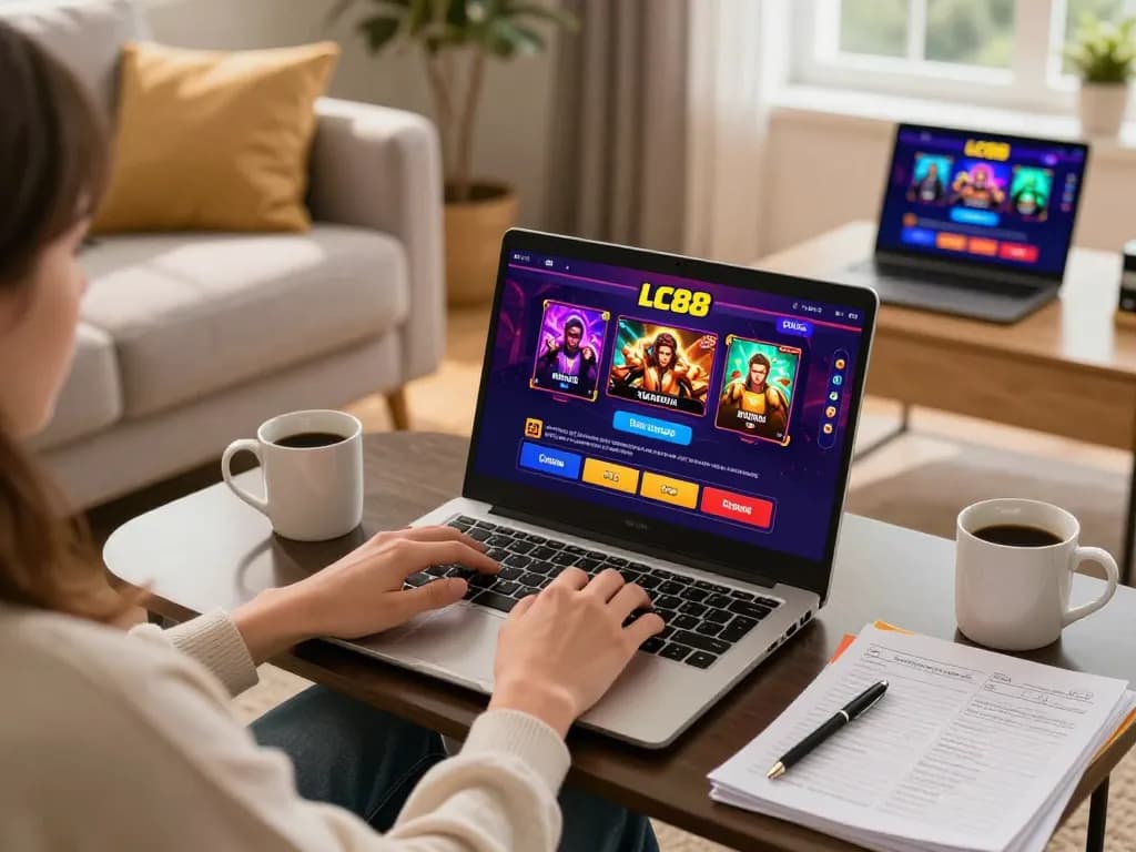 Engaging online gaming experience at LC88 with live dealer on smartphone and laptop.
