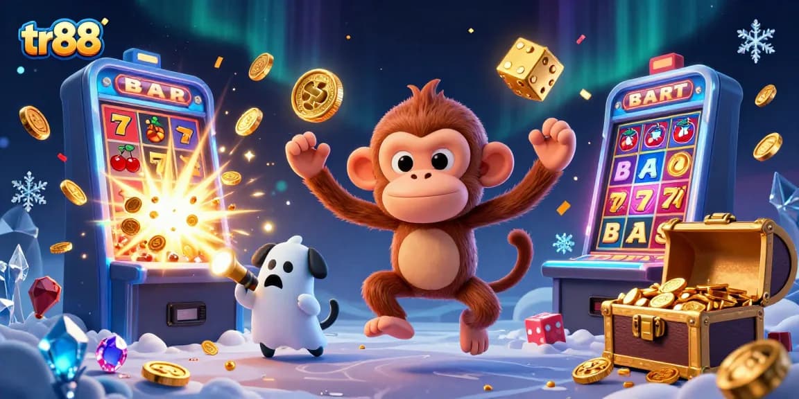 Experience the thrilling world of tr88 with an engaging 3D illustration depicting a mischievous monkey and a ghost-hunter puppy in a vibrant casino.