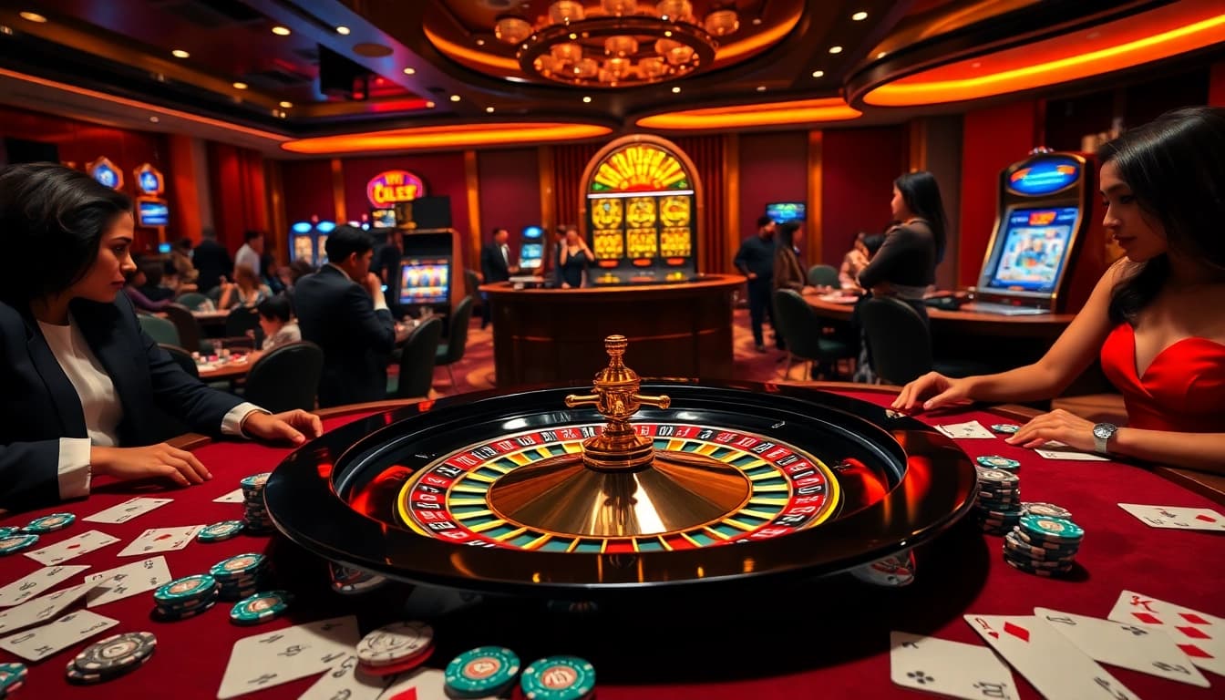 Experience the excitement of gambling at https://da88st.com/ featuring a luxurious casino scene with roulette, poker chips, and slot machines.