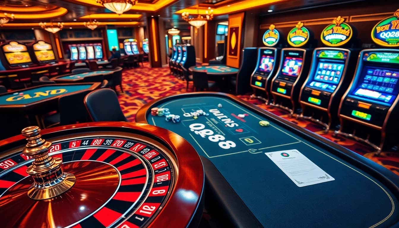 Engaging casino scene depicting QQ88 gaming elements, including poker and roulette tables.