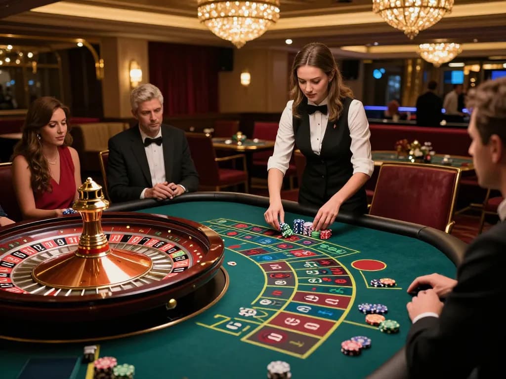 tic88 players placing bets at a roulette table in a vibrant casino atmosphere