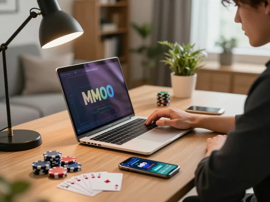 Engaged player using MMOO online casino platform on laptop with poker chips and cards nearby.