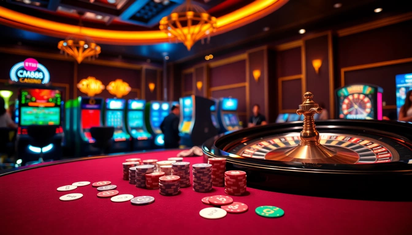 A thrilling poker game scene at https://cm888.mobi/ showcasing colorful chips and a roulette wheel.