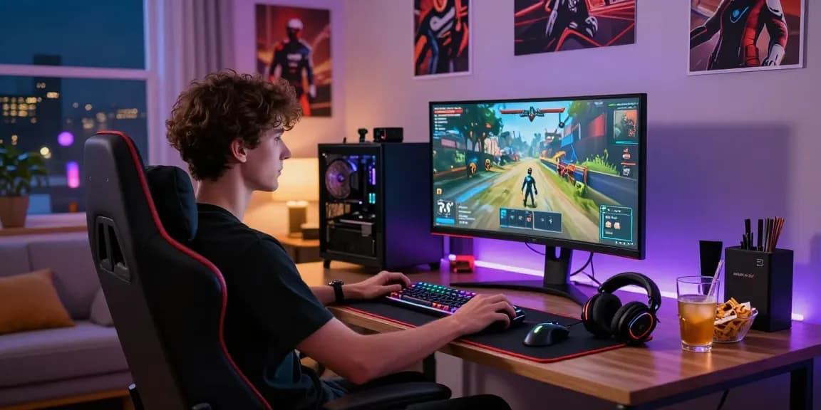 Dynamic evening gaming session at home with vibrant RGB lighting, accessories, and focus on https://proplay88.uk.com/.