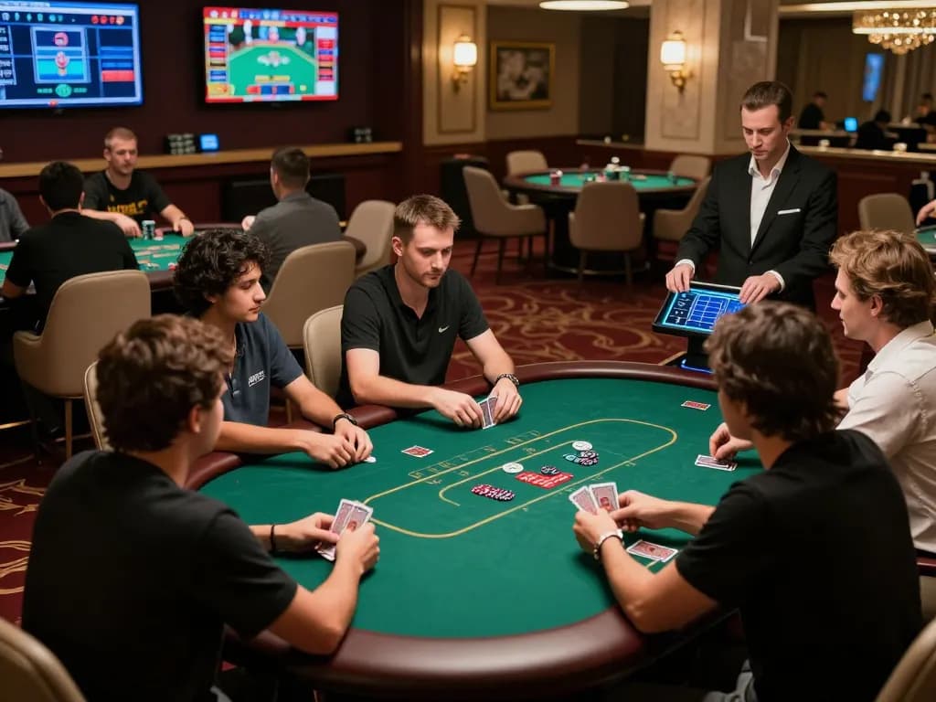 Experience thrilling gameplay at VIN88 online poker room, showcasing players in action with vibrant decor.