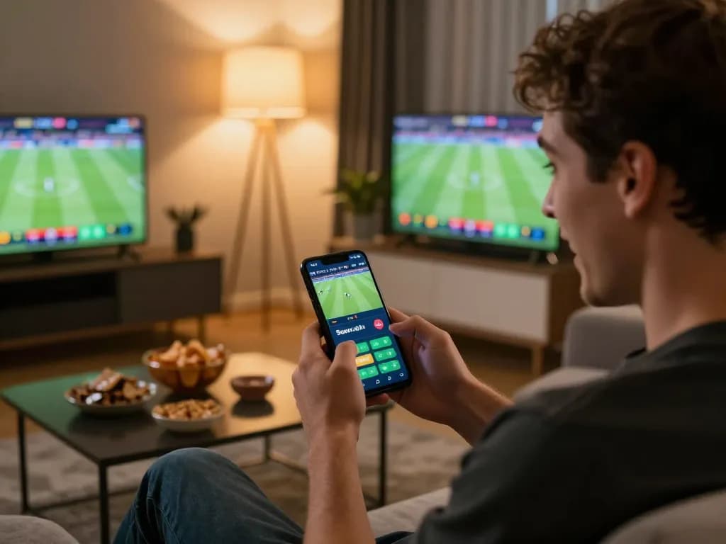 Active betting on sbobet shown on smartphone during a live sports event in a cozy home setting