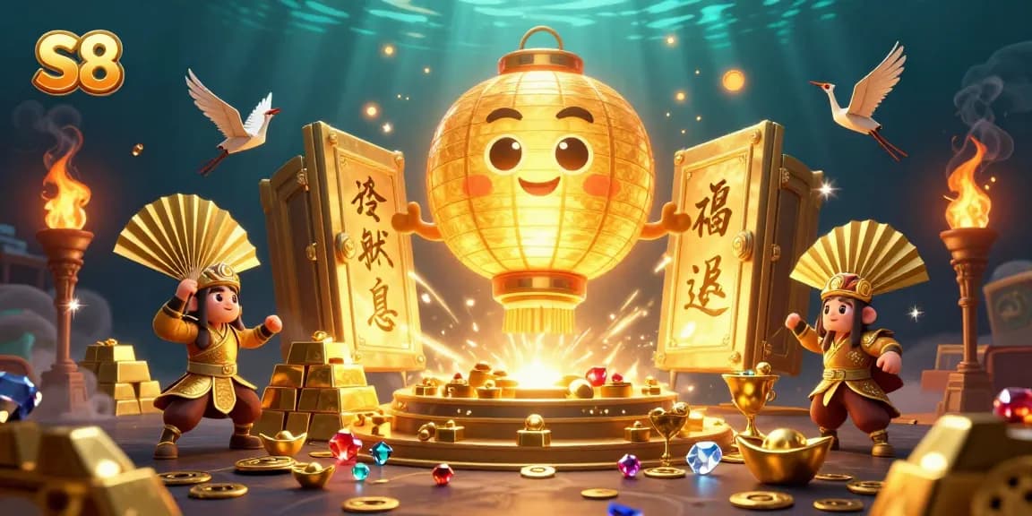 S8's vibrant casino scene showcases a golden lantern spirit surrounded by lucky symbols and treasure elements.