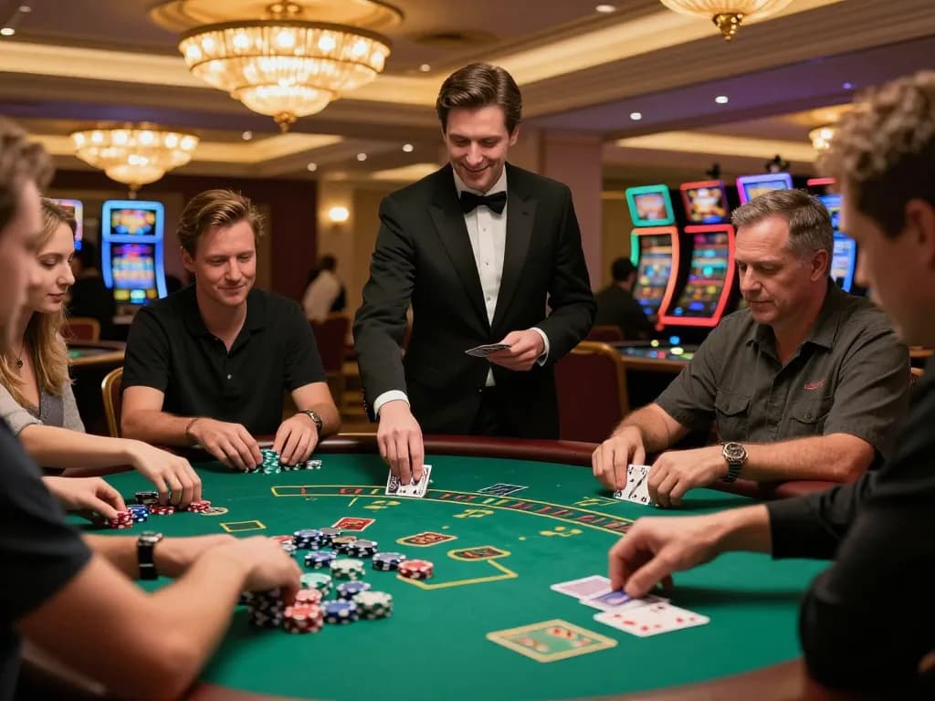 S666HN players experiencing excitement at a high-stakes blackjack table in a luxurious casino.