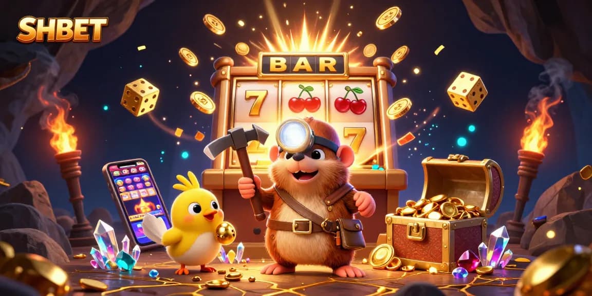 Experience the SHBET adventure with a treasure hunter mole and vibrant casino elements.