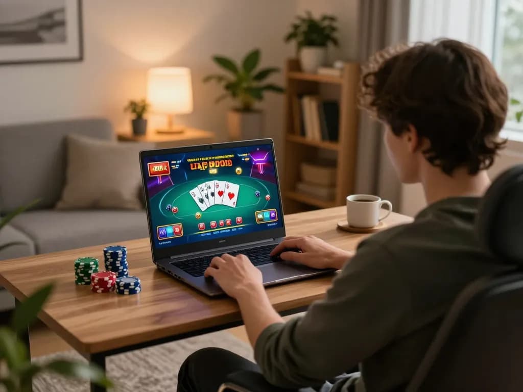 Engaging online gameplay at home featuring F168's vibrant poker interface with chips and cards.