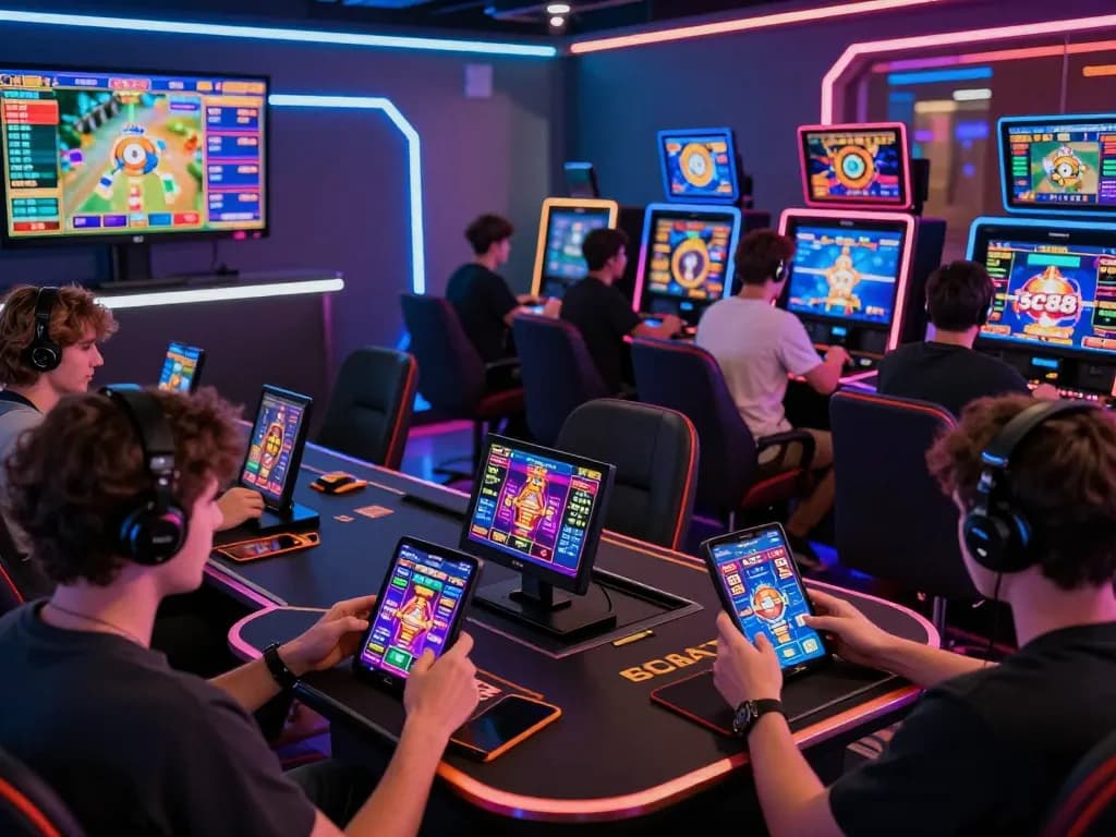 Engaged players at SC88 e-gaming platform enjoying mobile betting in a dynamic casino atmosphere