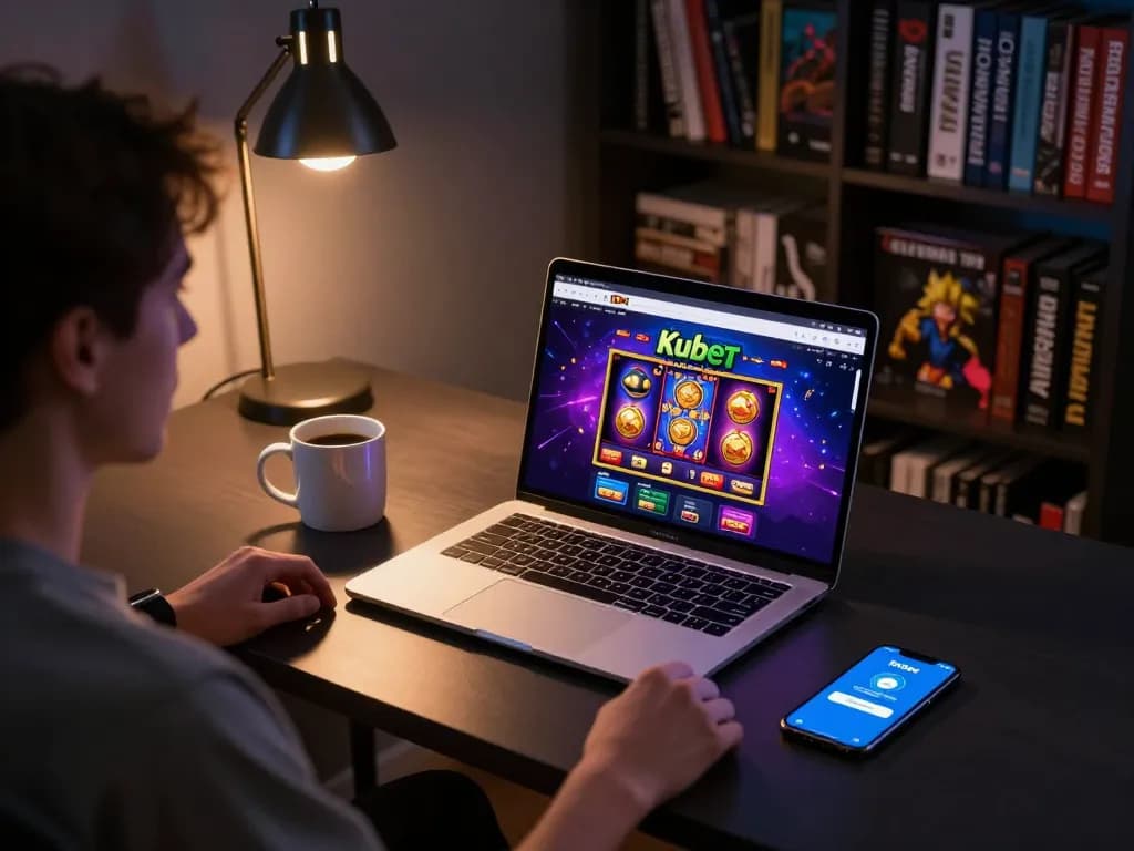 Kubet user engaging with online casino games on a laptop, showcasing responsible gambling practices and strategy.