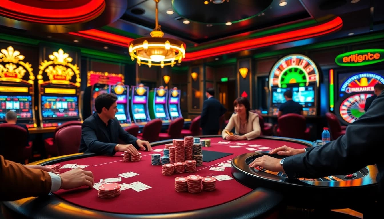 B52 Club highlights an exciting poker game with vibrant chips and cards at a luxury casino.