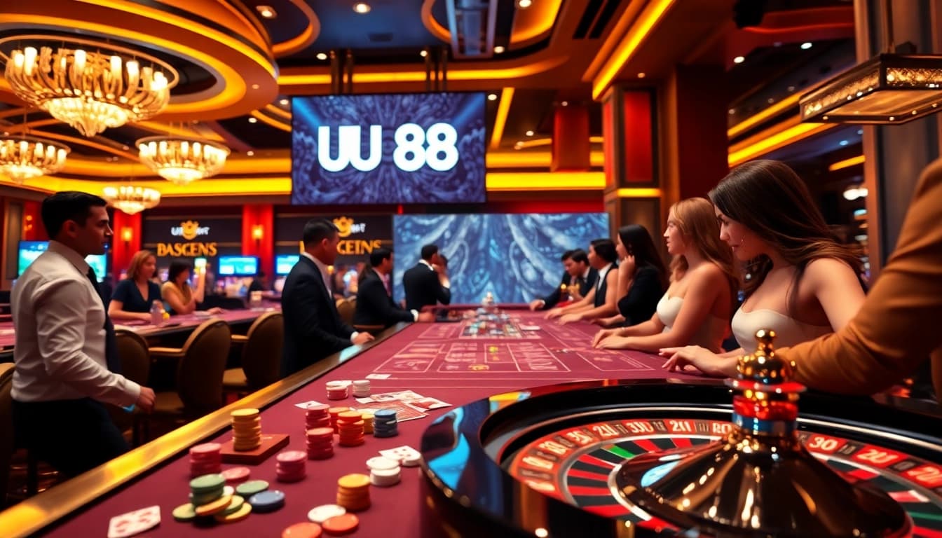 Engaging players at the UU 88 casino table with vibrant poker chips and a roulette wheel.