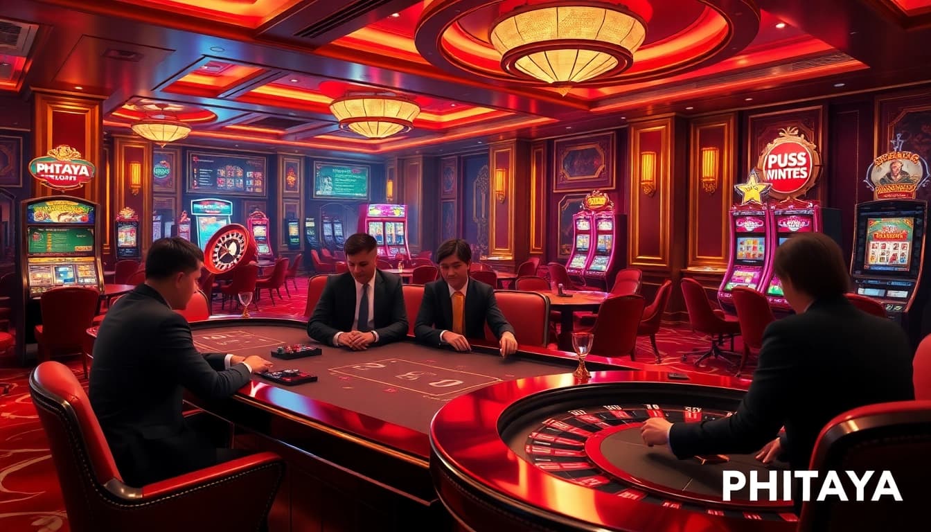 PHTAYA players enjoying an exciting poker game at a luxurious casino table with slot machines.