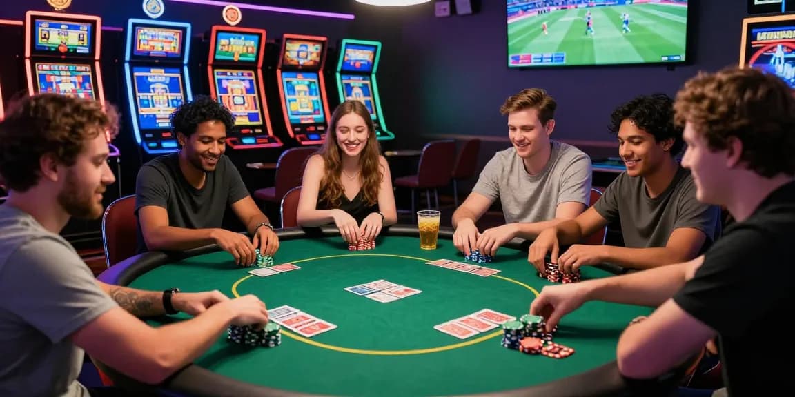 Exciting online casino gaming at Https://cm88z.com.co/ with friends enjoying poker and vibrant slot machines.