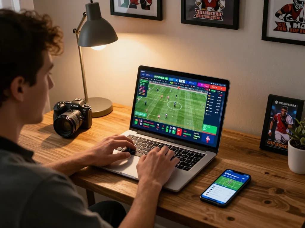 Engaging in live sports betting at JUN88 on a laptop, analyzing odds and enjoying the thrill.