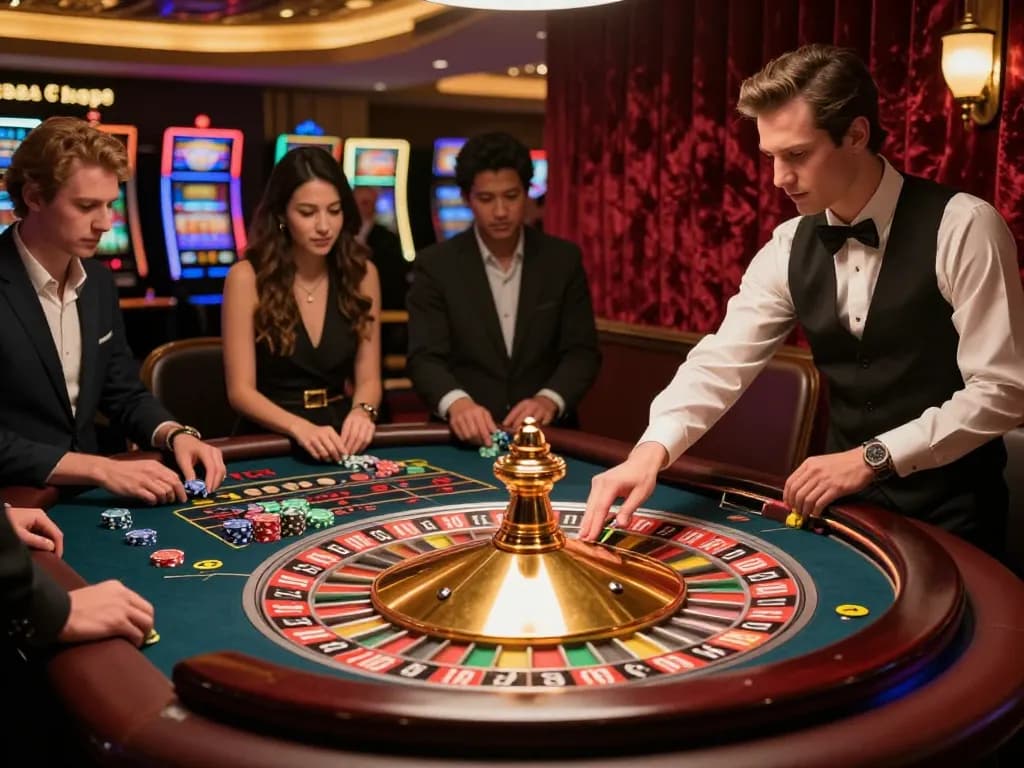 Players engaging in thrilling roulette gameplay at vipwin casino, croupier spinning the wheel.