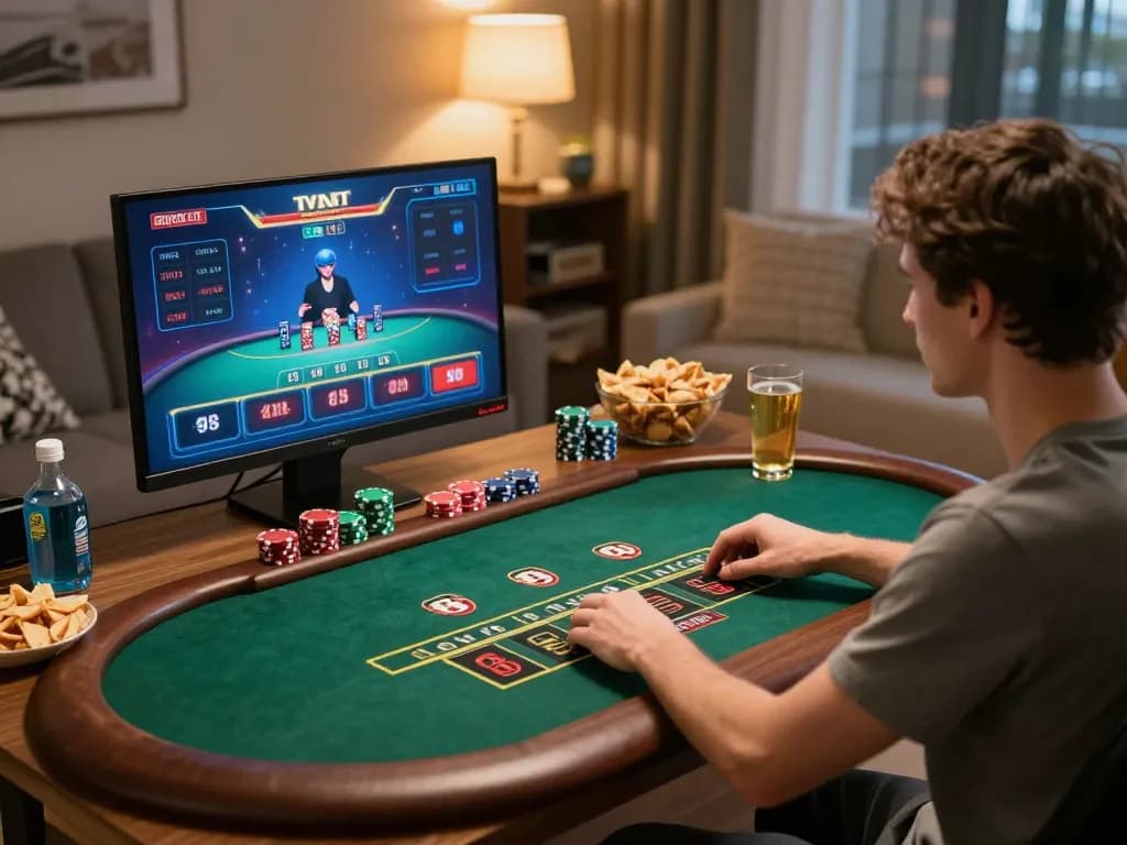 Engaging in strategic blackjack gameplay at lc88 online casino from the comfort of home.