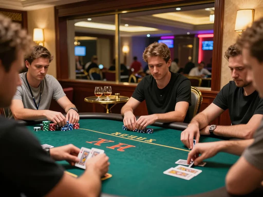 lc88 players engaged in a high-stakes poker game, showcasing strategy and luxury in a classy casino atmosphere.