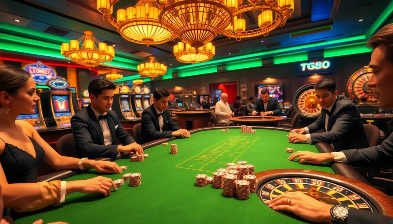 Engage in a thrilling TG88 poker game featuring elegant players and vibrant casino ambiance.