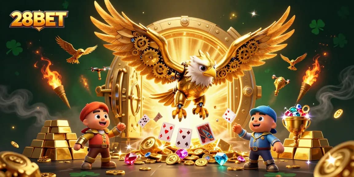 28BET showcases thrilling casino excitement with a cybernetic eagle amid holographic cards and treasures.
