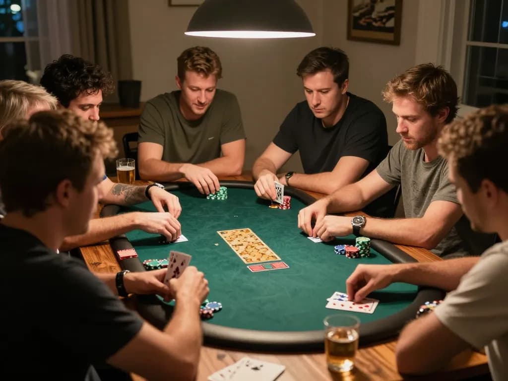 Players engaging in high-stakes poker with ALO8 strategies in an inviting home atmosphere