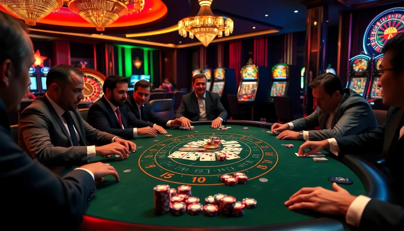 Engaging poker game scene at the F168 casino table with luxury chips and cards.