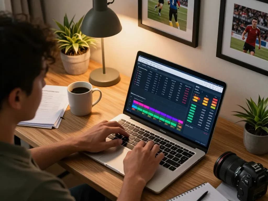 Kèo Nhà Cái sports betting setup with dynamic analysis on laptop and strategic notes involved.