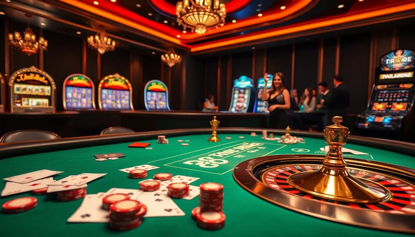 Experience the excitement of TR88 with a vibrant casino table scene featuring cards, chips, and roulette.