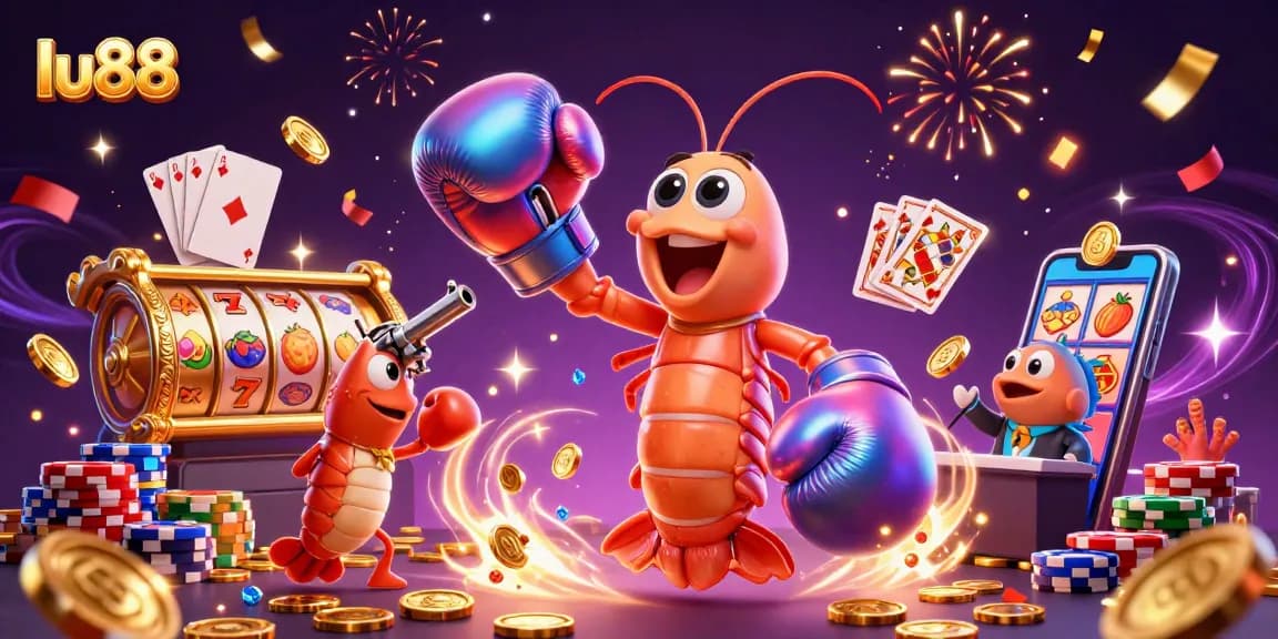 lu88 players spin the slot reels with luck, surrounded by vibrant casino elements.