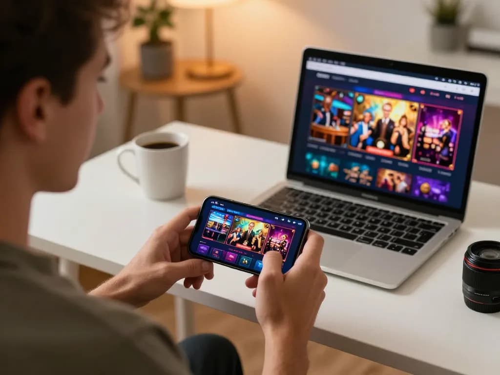 Kong88 player engaged in mobile casino game at home, showcasing vibrant app interface and strategic planning.