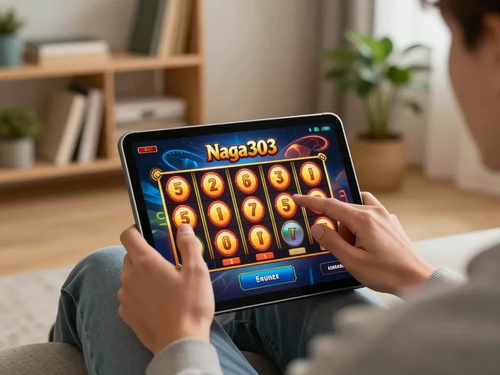 Naga303 slot player enjoying dynamic gameplay on tablet, set in a cozy home environment.