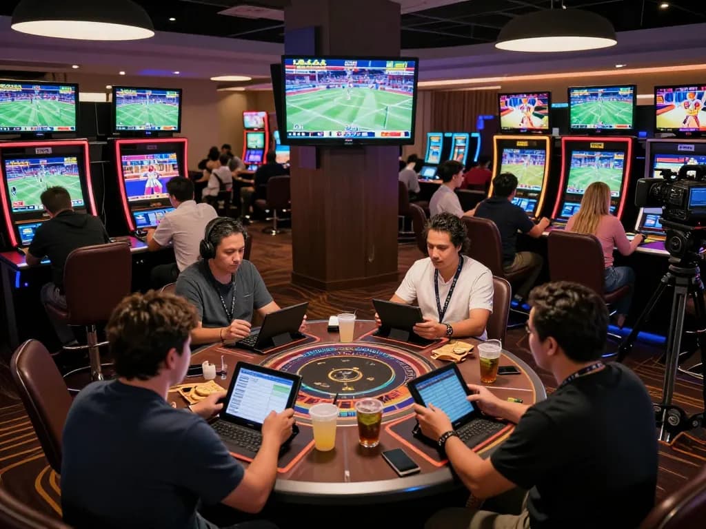 Kèo nhà cái hôm nay highlights dynamic sports betting scene with excited bettors using modern devices