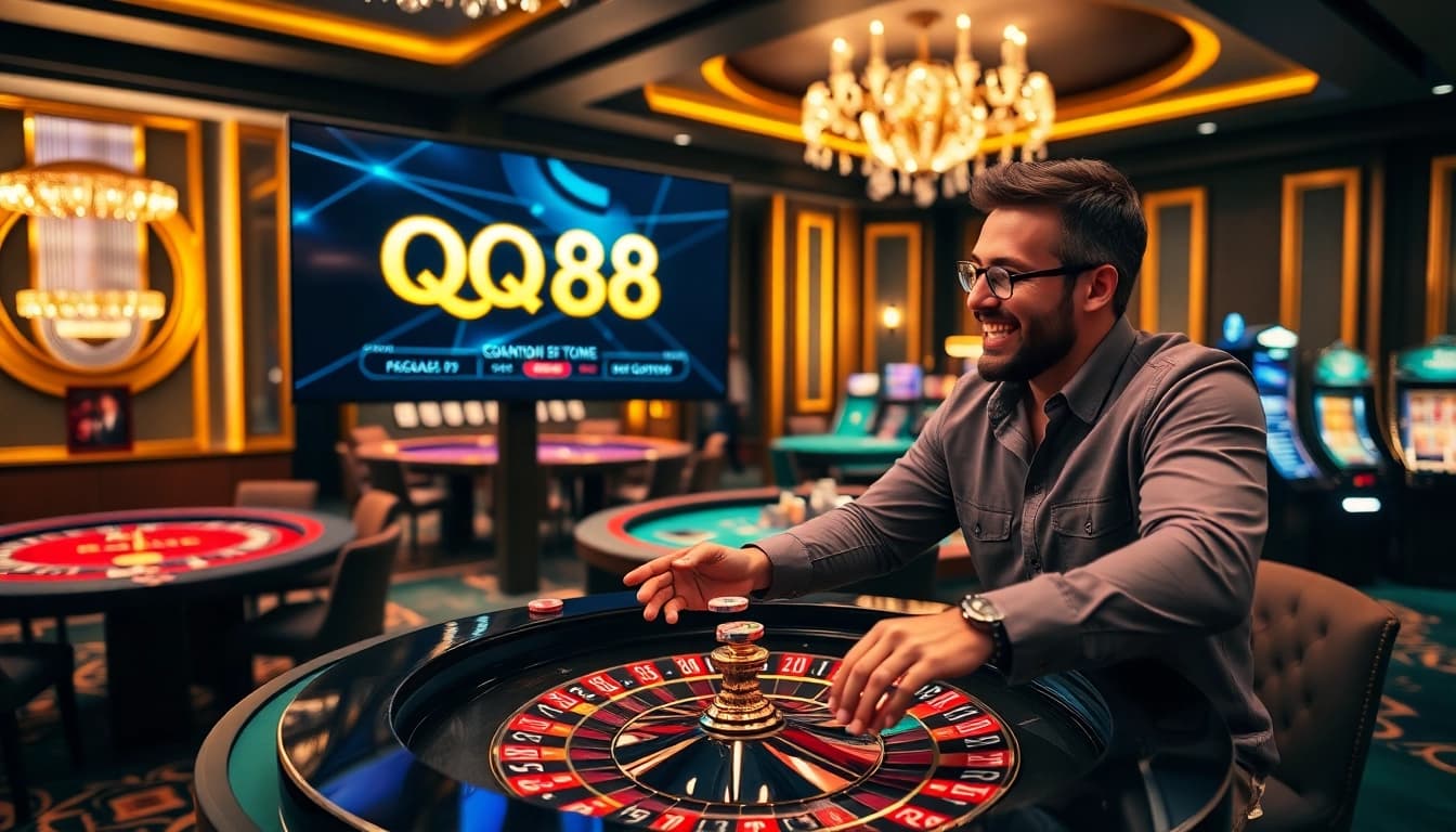 Play exciting casino games at QQ88 on a vibrant online interface filled with colorful chips.