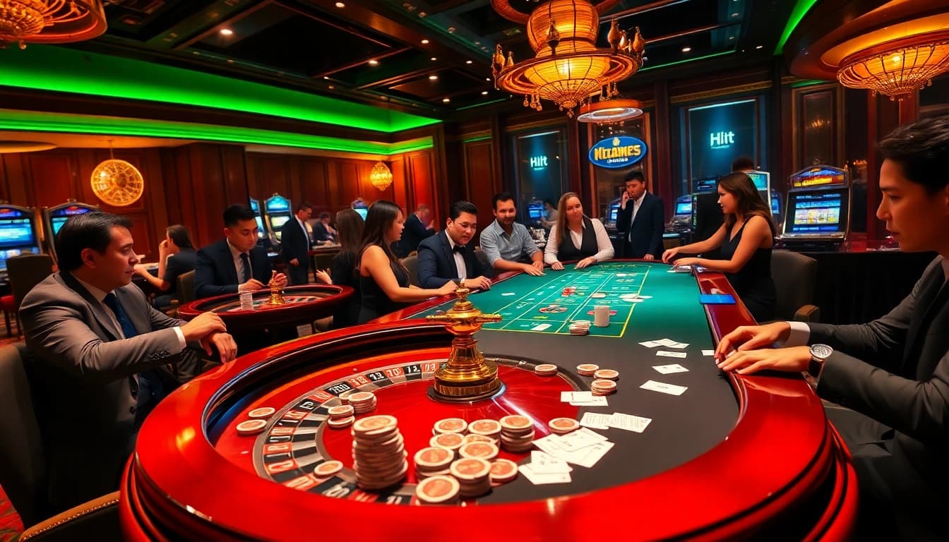 Hitclub gaming action at a poker table with vibrant chips and intense players.