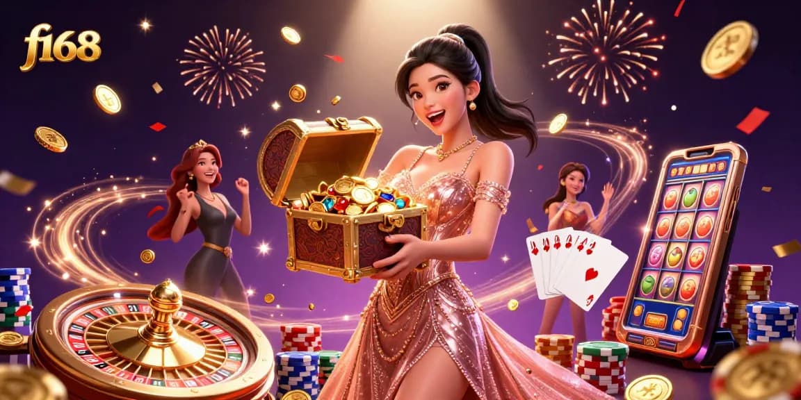 Join the excitement at f168 casino, featuring a glamorous woman celebrating with treasures of gold and gems, surrounded by casino elements.