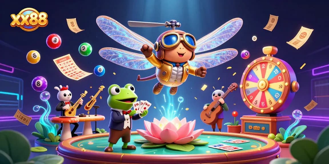 Experience the excitement of xx88 with a vibrant digital casino scene featuring engaging characters and dynamic gaming elements.