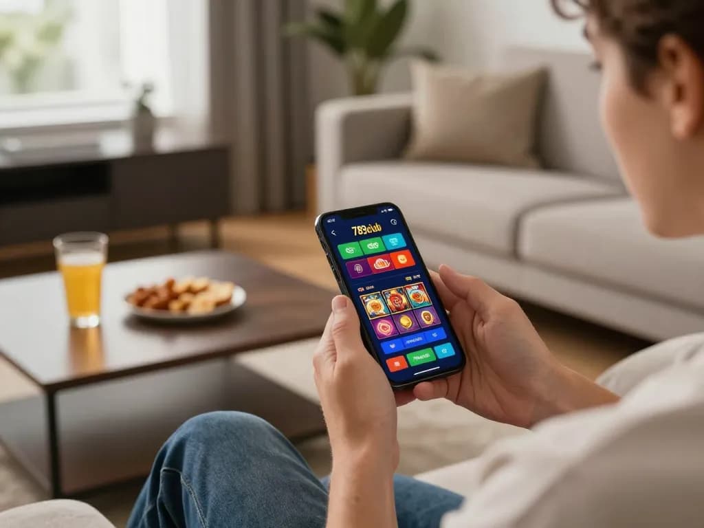Player enjoying the 789club casino app on a smartphone in a cozy home setting, showcasing lively gameplay and online gambling action.