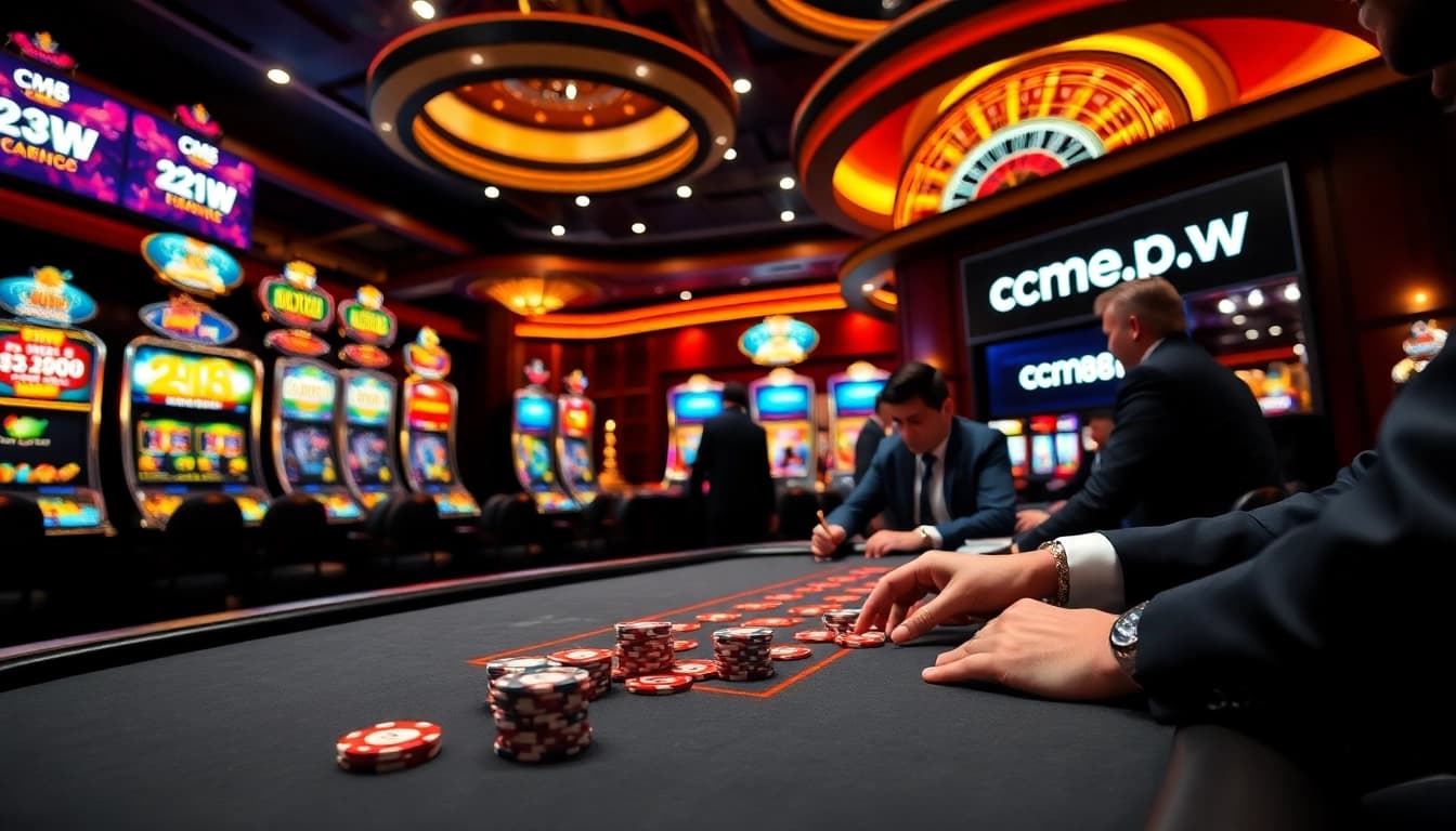 Engaged players at a casino table with cm88.pw branding, showcasing excitement and strategy.
