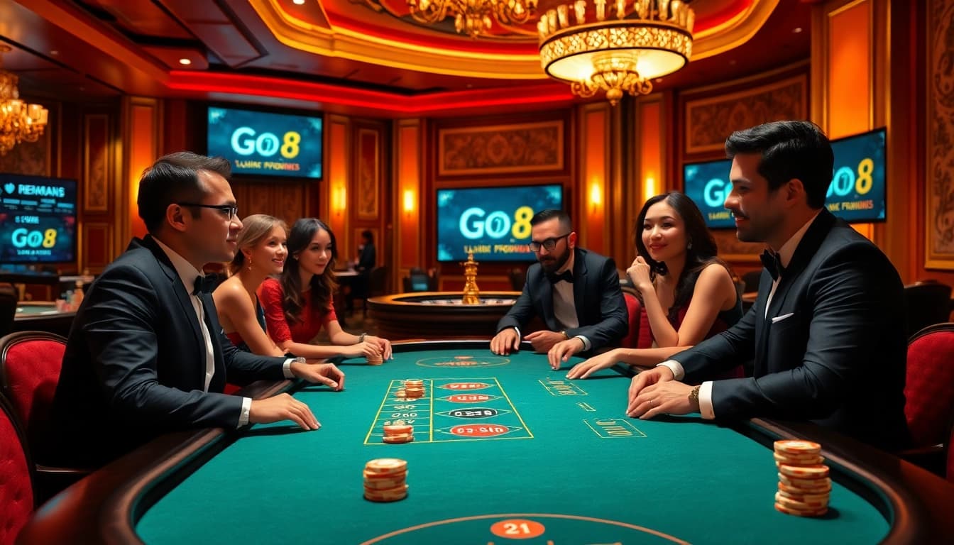Engage in thrilling Go8 gambling action at an upscale casino poker table.